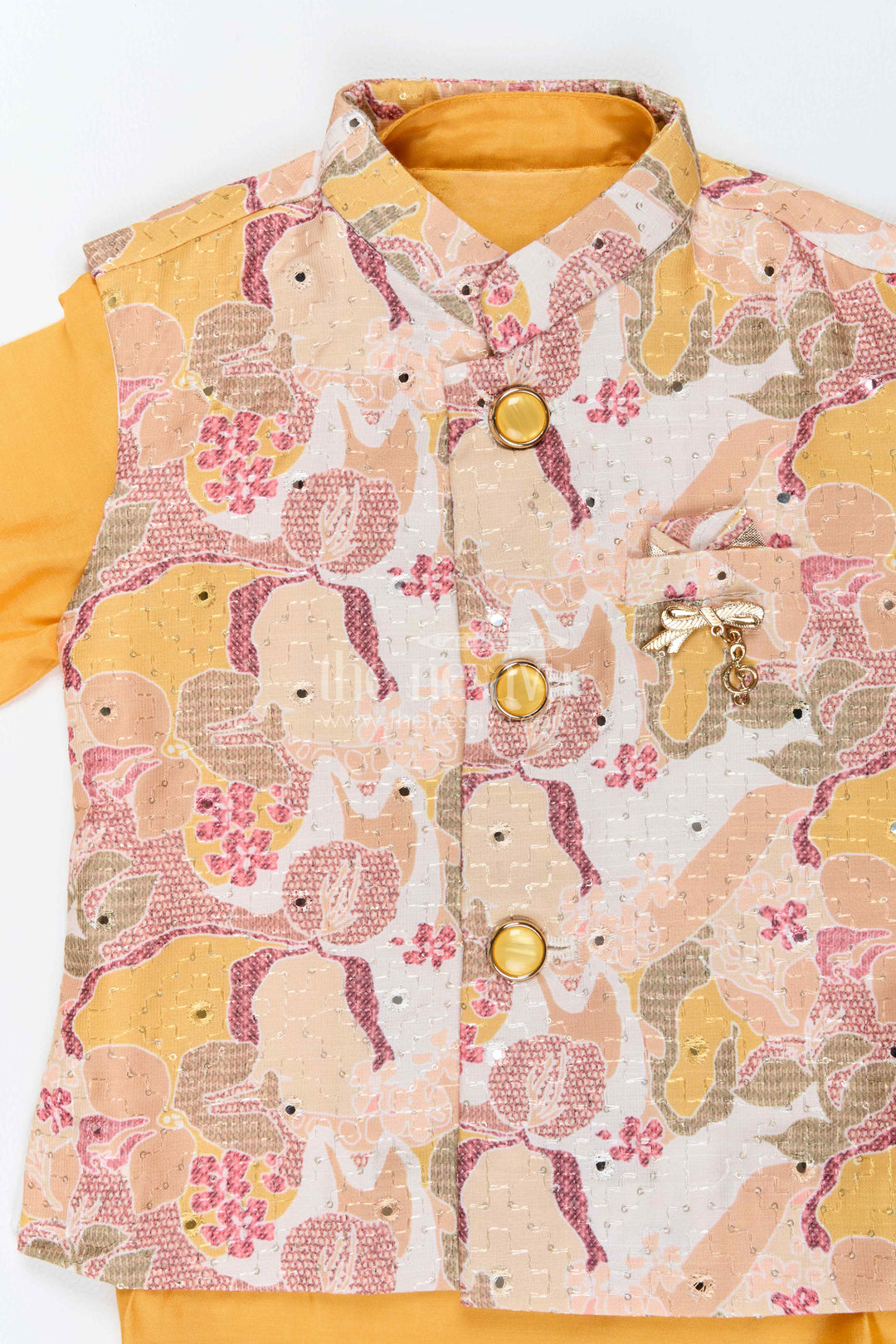 Kids Ready Made Dhoti Set with Floral Detailing in Yellow