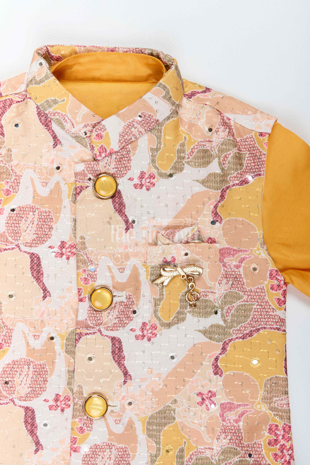 Kids Ready Made Dhoti Set with Floral Detailing in Yellow