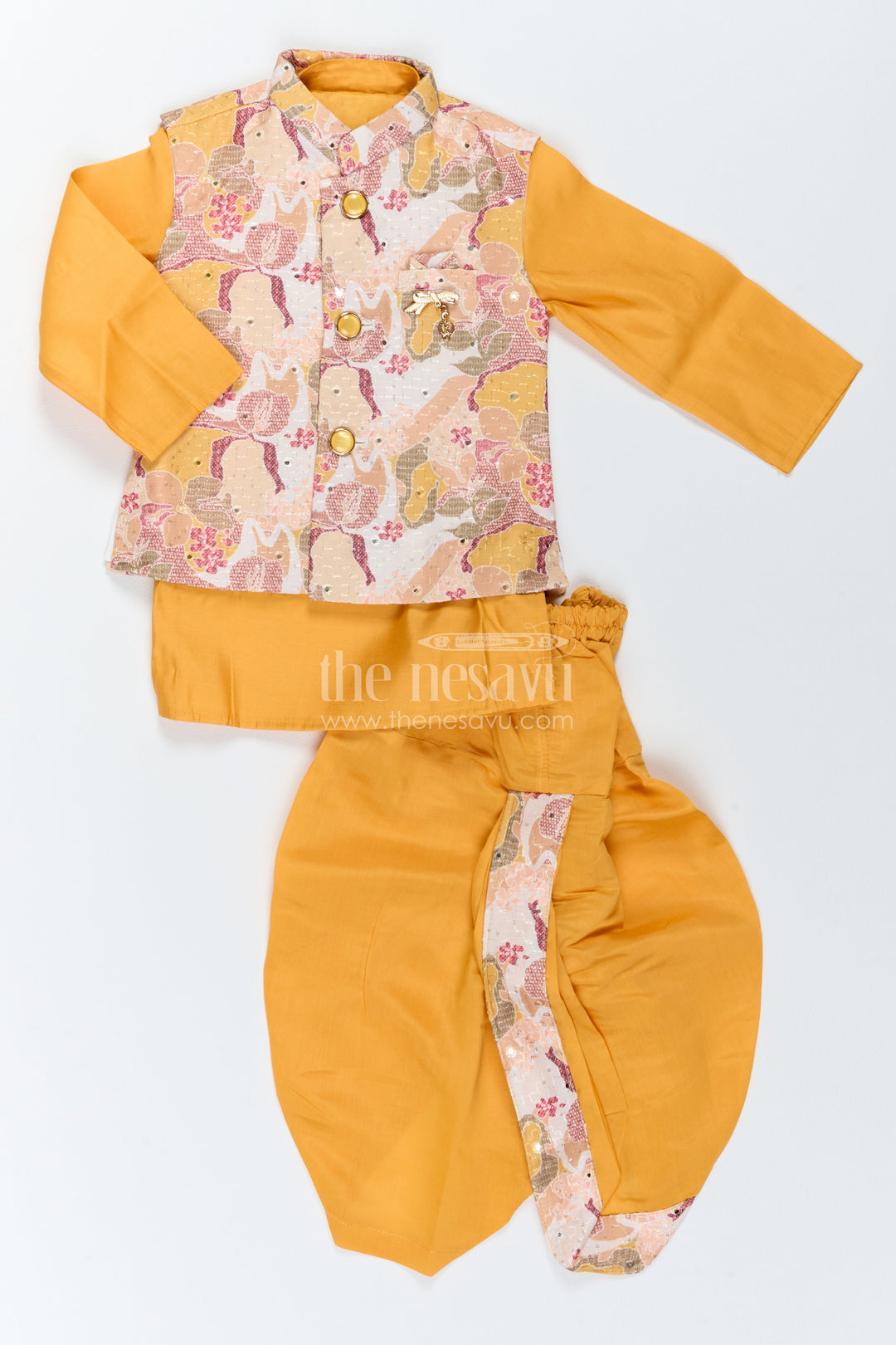 Kids Ready Made Dhoti Set with Floral Detailing in Yellow