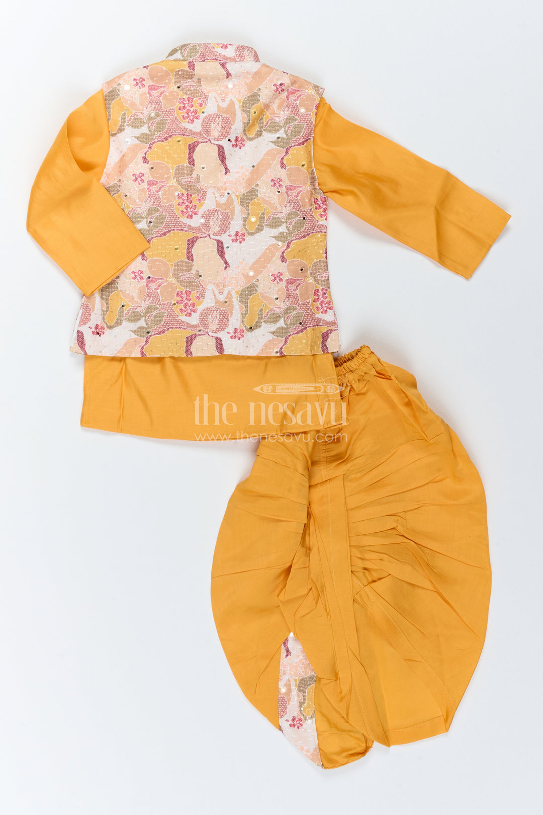 Kids Ready Made Dhoti Set with Floral Detailing in Yellow