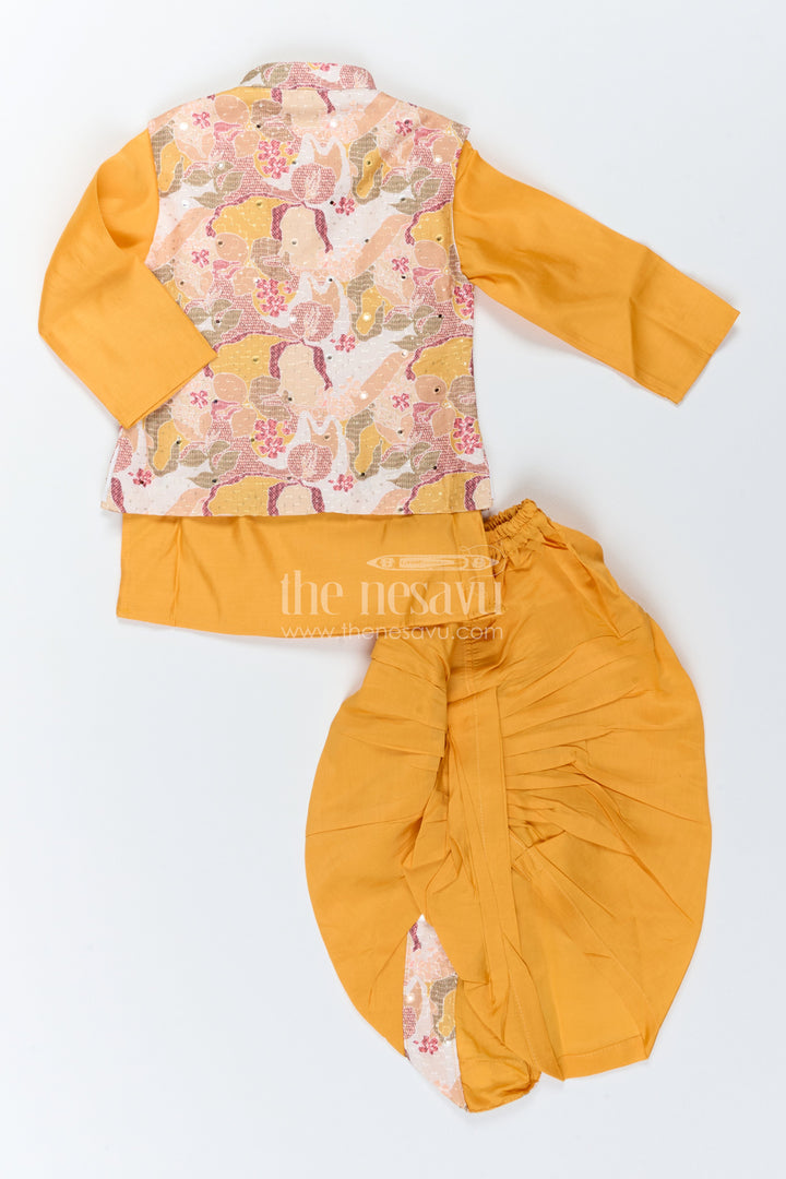 Kids Ready Made Dhoti Set with Floral Detailing in Yellow