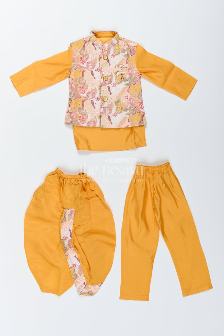 Kids Ready Made Dhoti Set with Floral Detailing in Yellow