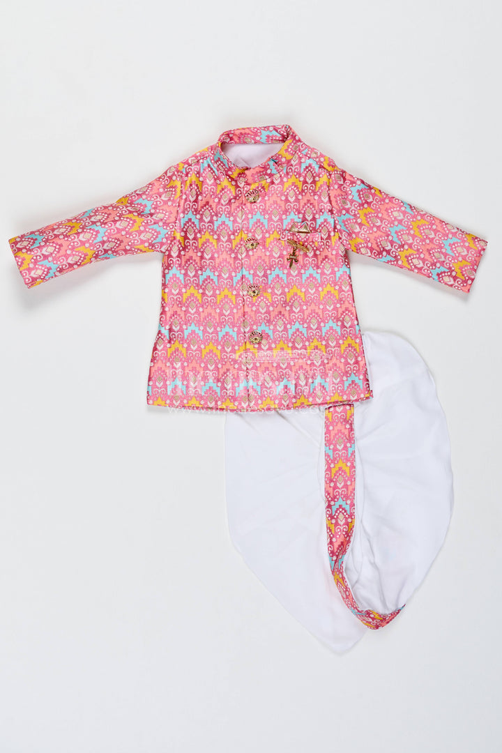 Boys Dhoti Kurta Set with Peach Designer Detailing for Celebrations