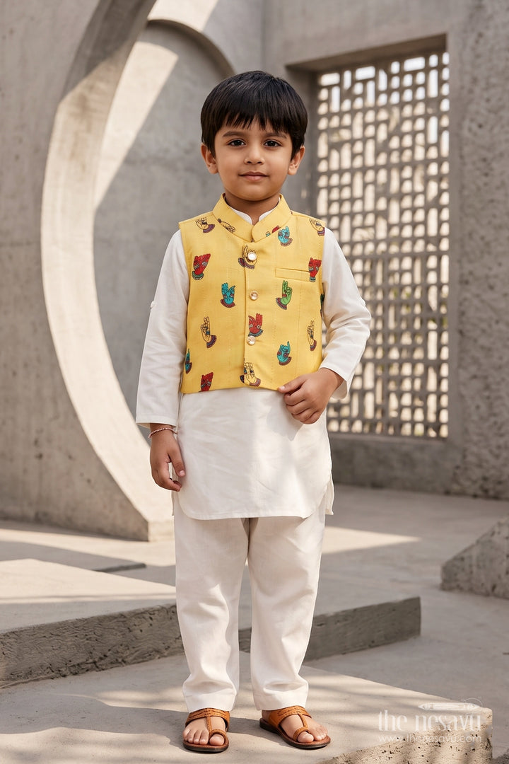Boys Ethnic Jacket Set for Kids with Designer Detailing in Yellow