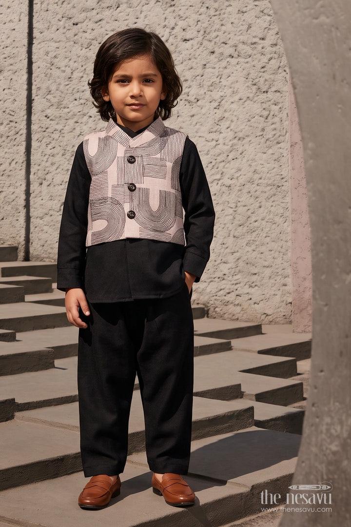 Boys Ethnic Jacket Set with Black Designer Detailing for Special Occasions