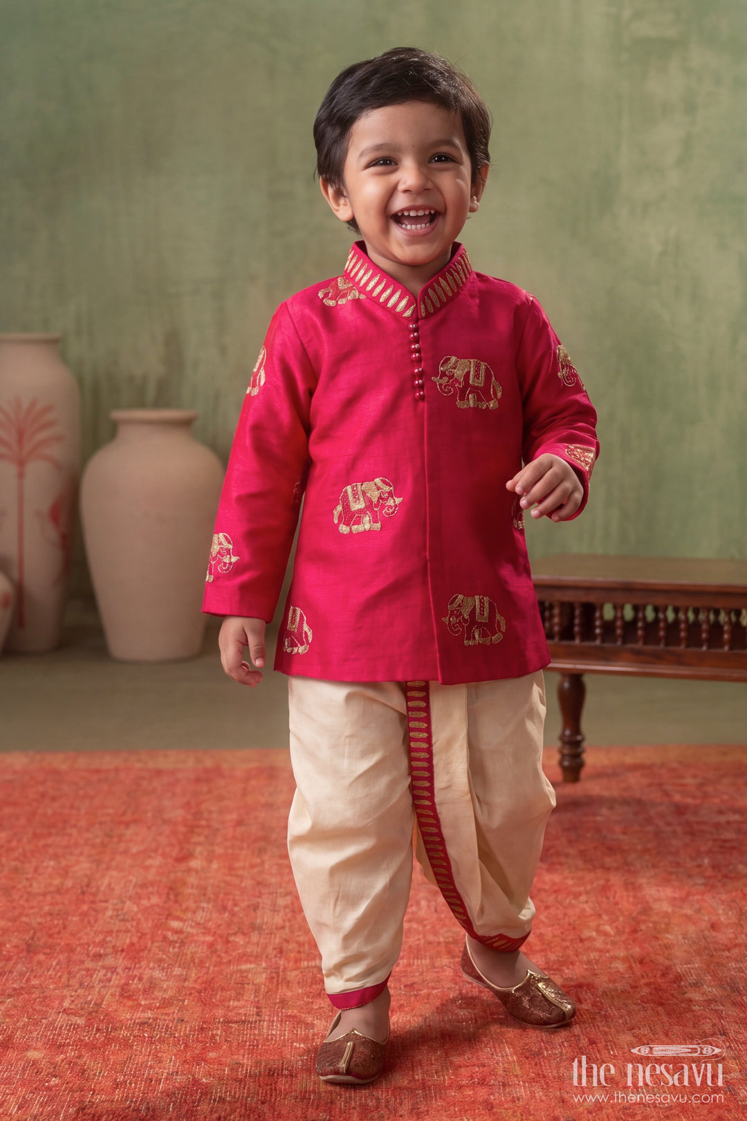 Pattu Pancha Set in Red with Elephant Detailing for Family Functions
