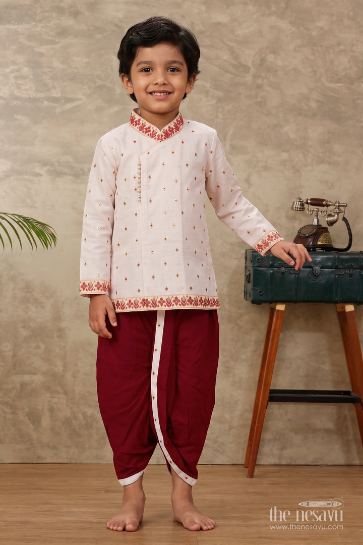 Kids Ready Made Dhoti Set for Celebrations with Half White Floral Detailing