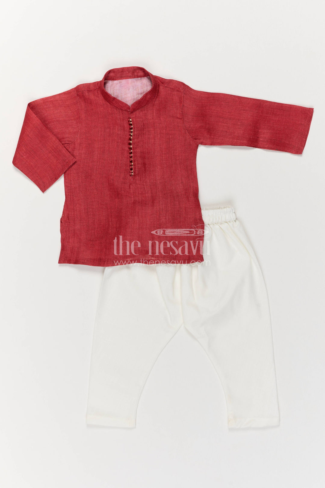 Boys Silk Kurta Set with Red Designer Detailing for Special Occasions