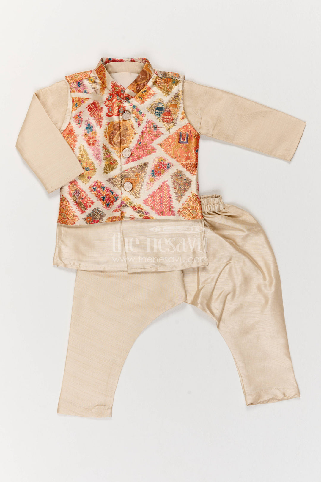 Boys Nehru Jacket Set with Cream Paisley Print for Celebrations