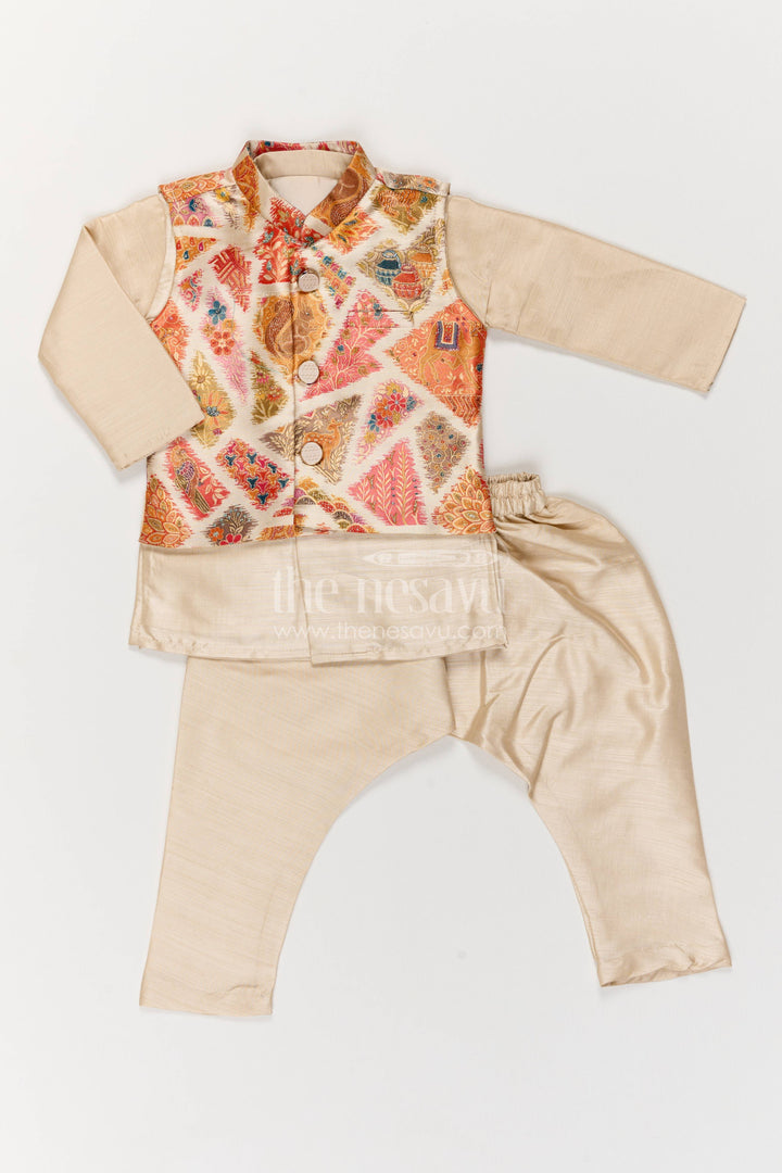 Boys Nehru Jacket Set with Cream Paisley Print for Celebrations