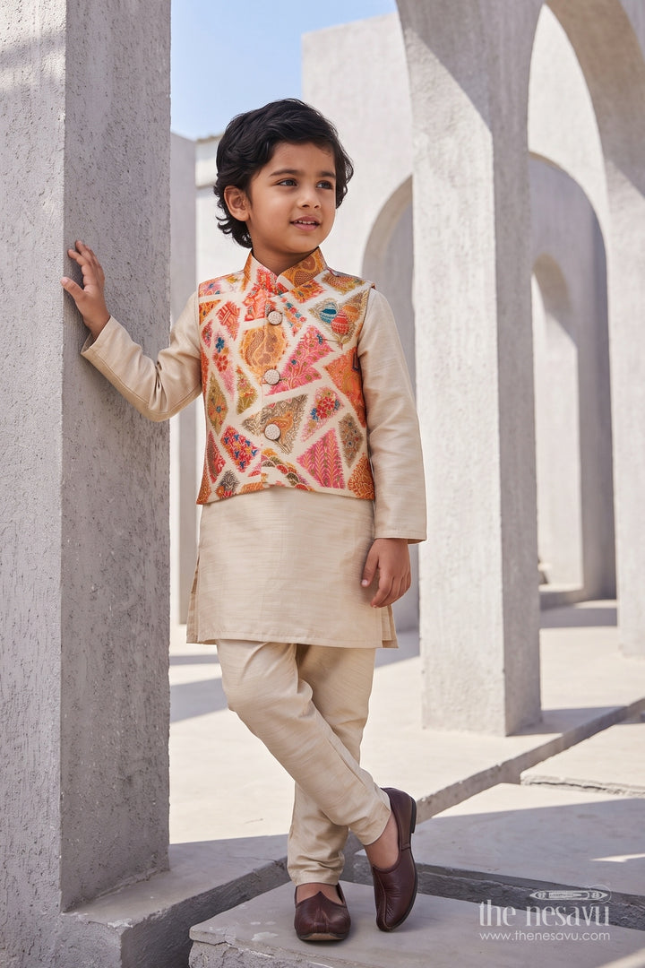 Boys Nehru Jacket Set with Cream Paisley Print for Celebrations