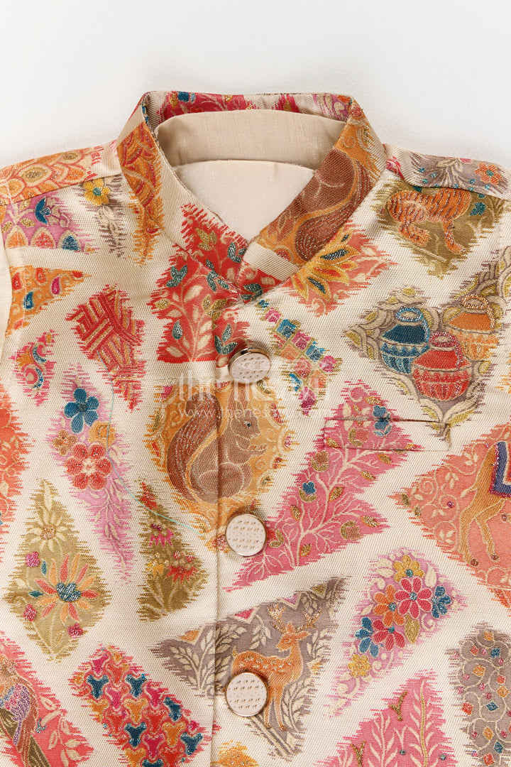 Boys Nehru Jacket Set with Cream Paisley Print for Celebrations