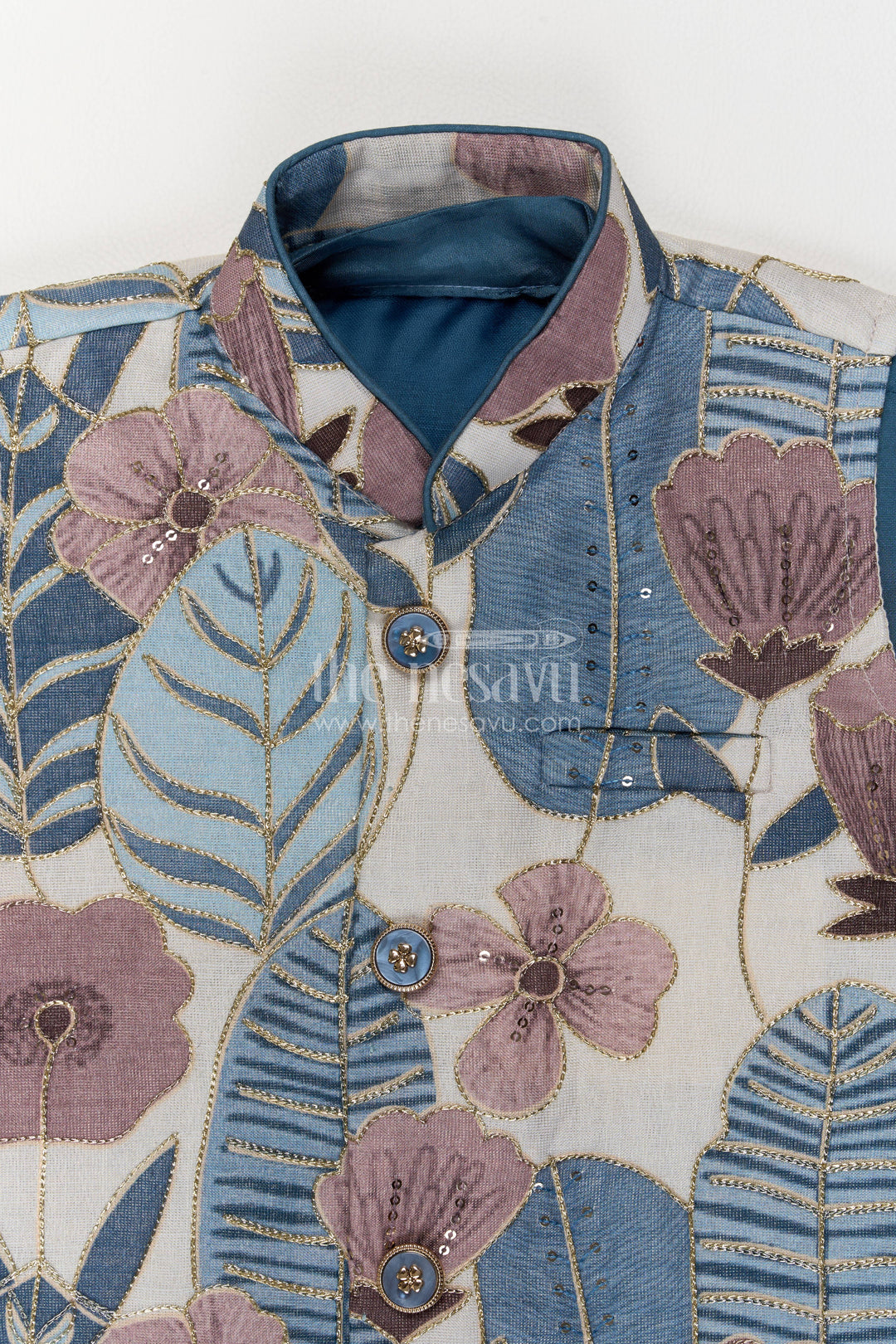 Boys Nehru Jacket Set for Celebrations with Blue Floral Detailing
