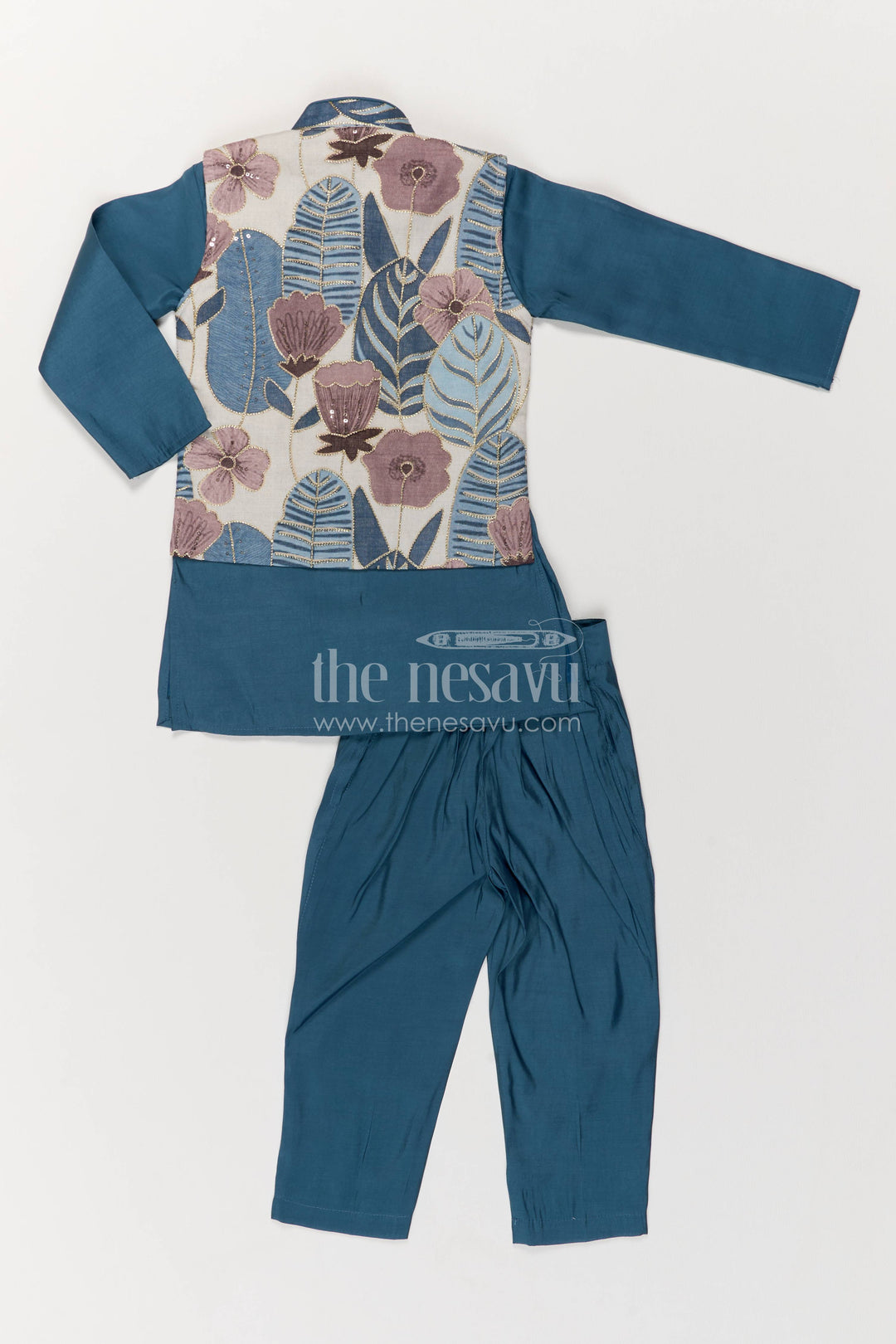Boys Nehru Jacket Set for Celebrations with Blue Floral Detailing