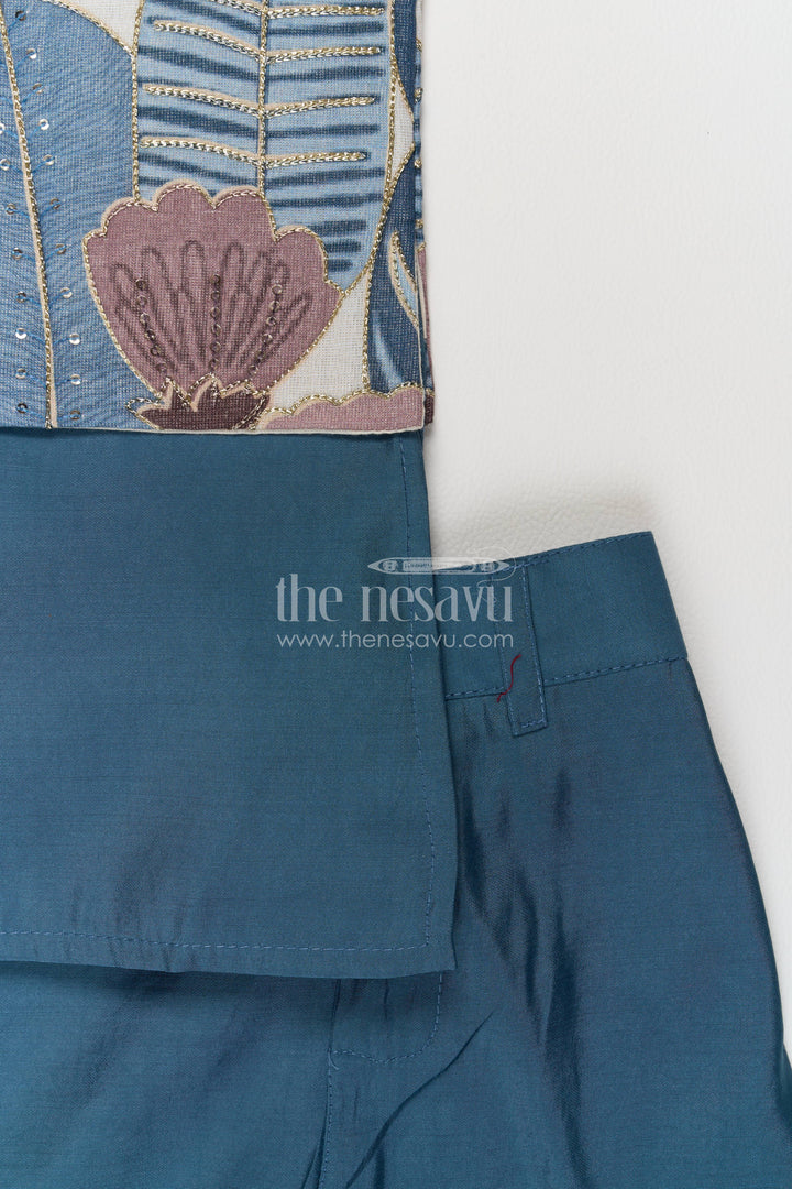 Boys Nehru Jacket Set for Celebrations with Blue Floral Detailing