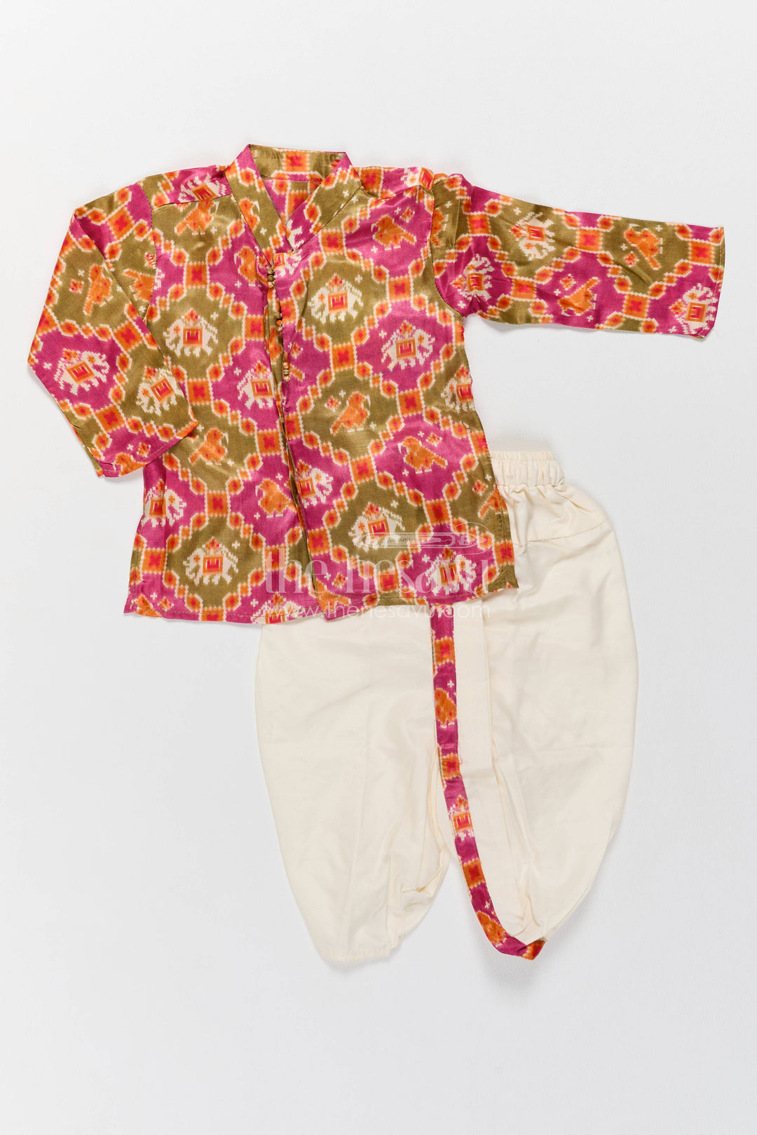 Kids Ready Made Dhoti Set for Celebrations with Orange Elephant Detailing