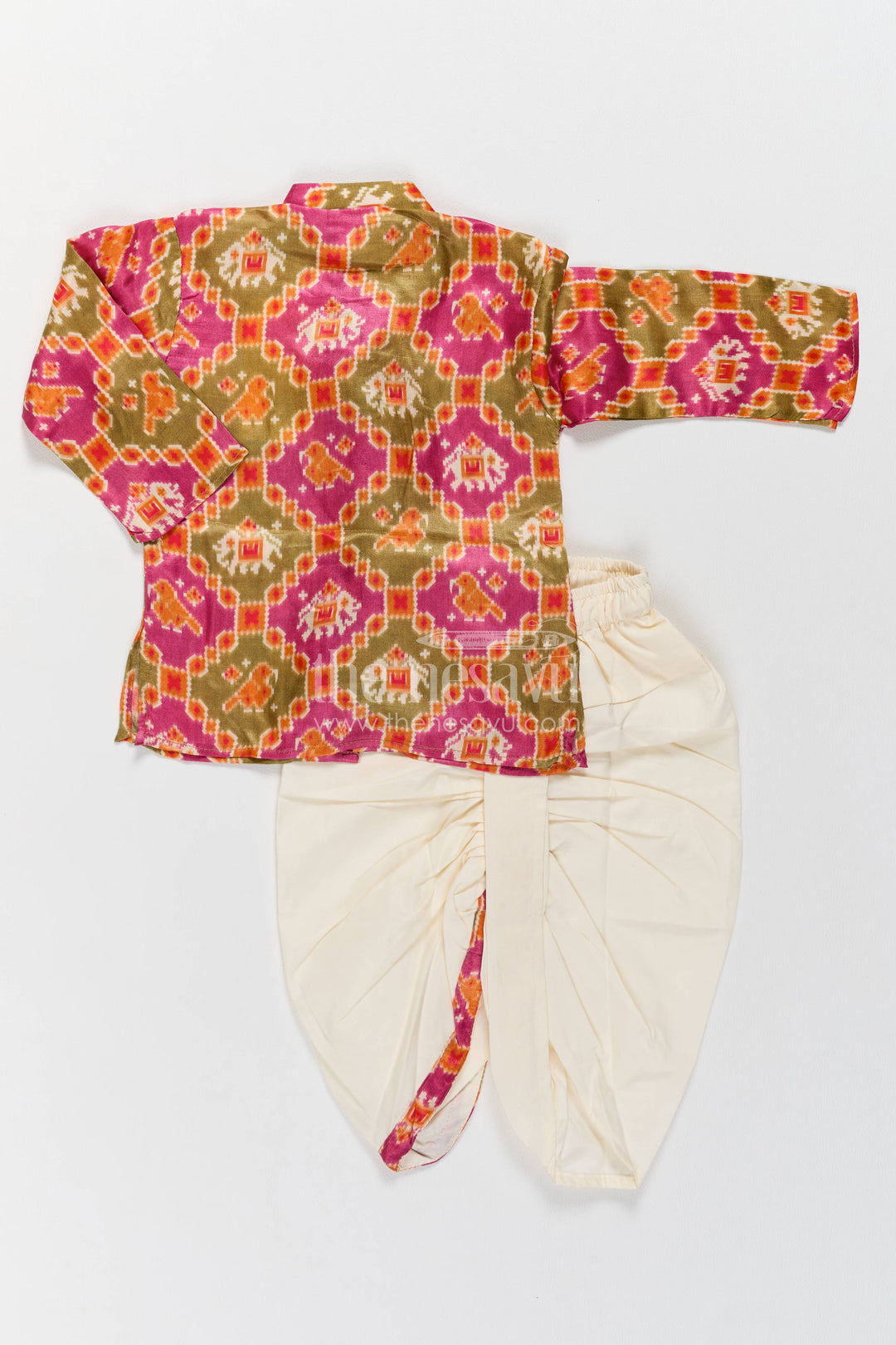 Kids Ready Made Dhoti Set for Celebrations with Orange Elephant Detailing