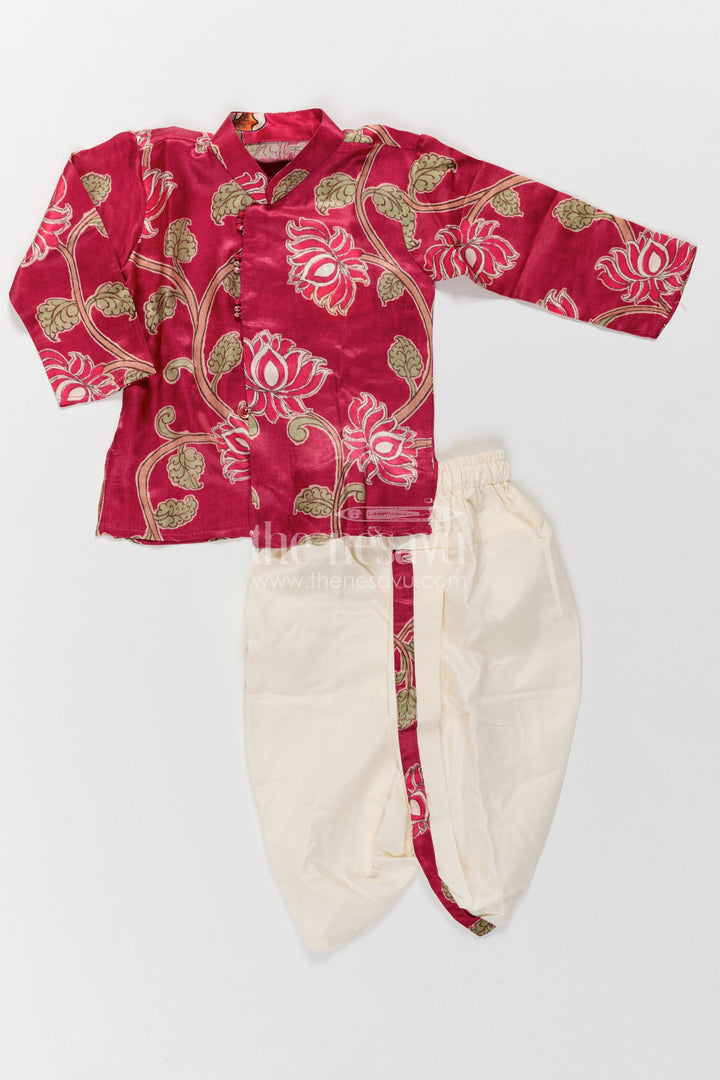 Kids Ready Made Dhoti Set for Celebrations with Pink Lotus Print