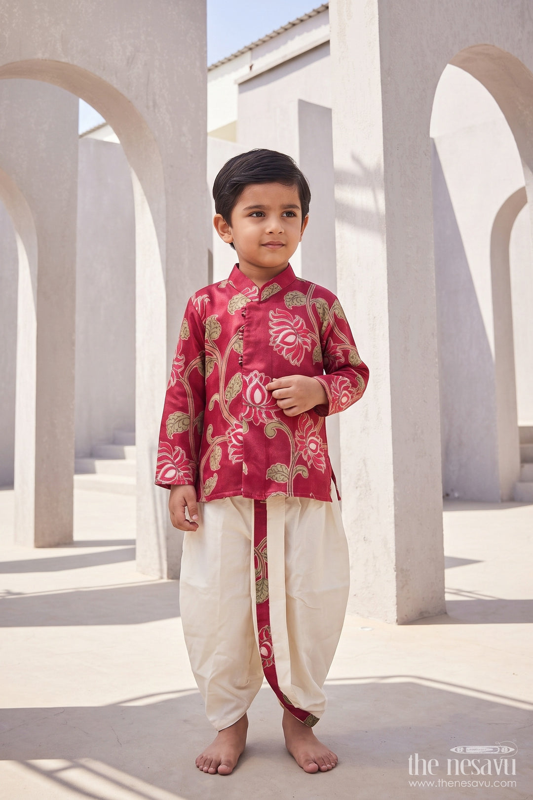 Kids Ready Made Dhoti Set for Celebrations with Pink Lotus Print