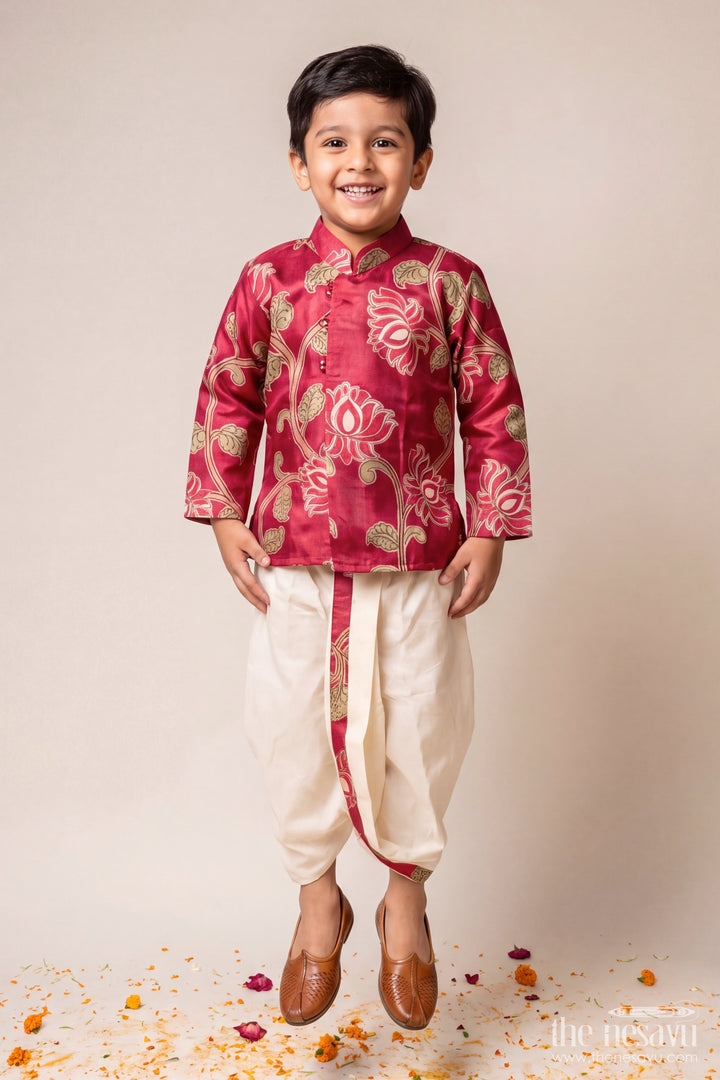 Kids Ready Made Dhoti Set for Celebrations with Pink Lotus Print