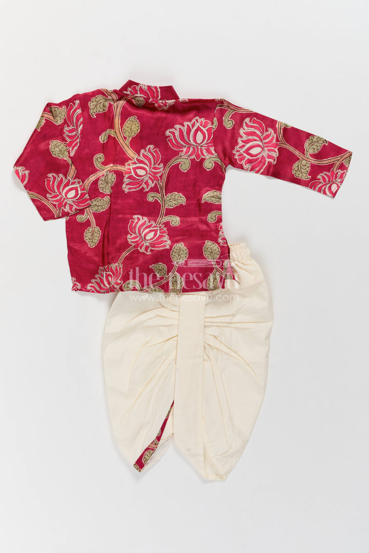 Kids Ready Made Dhoti Set for Celebrations with Pink Lotus Print