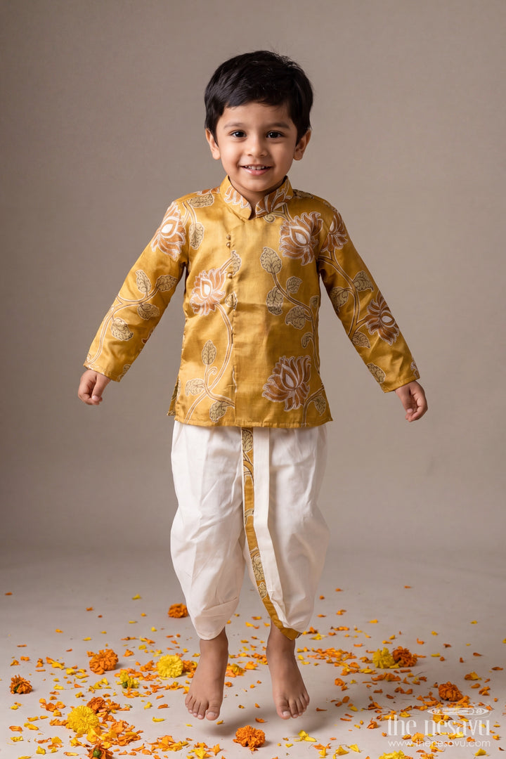 Pattu Pancha Set in Yellow with Lotus Print for Family Functions