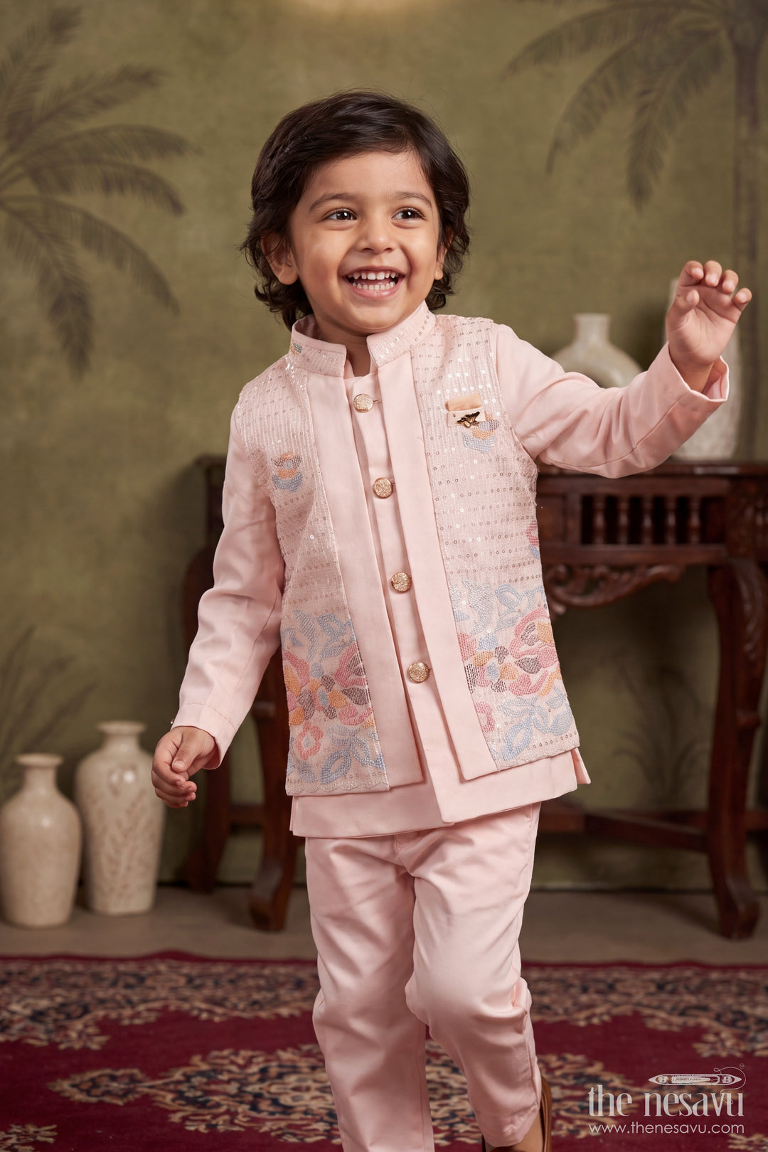 Boys Sherwani Set with Pink Floral Detailing for Celebrations
