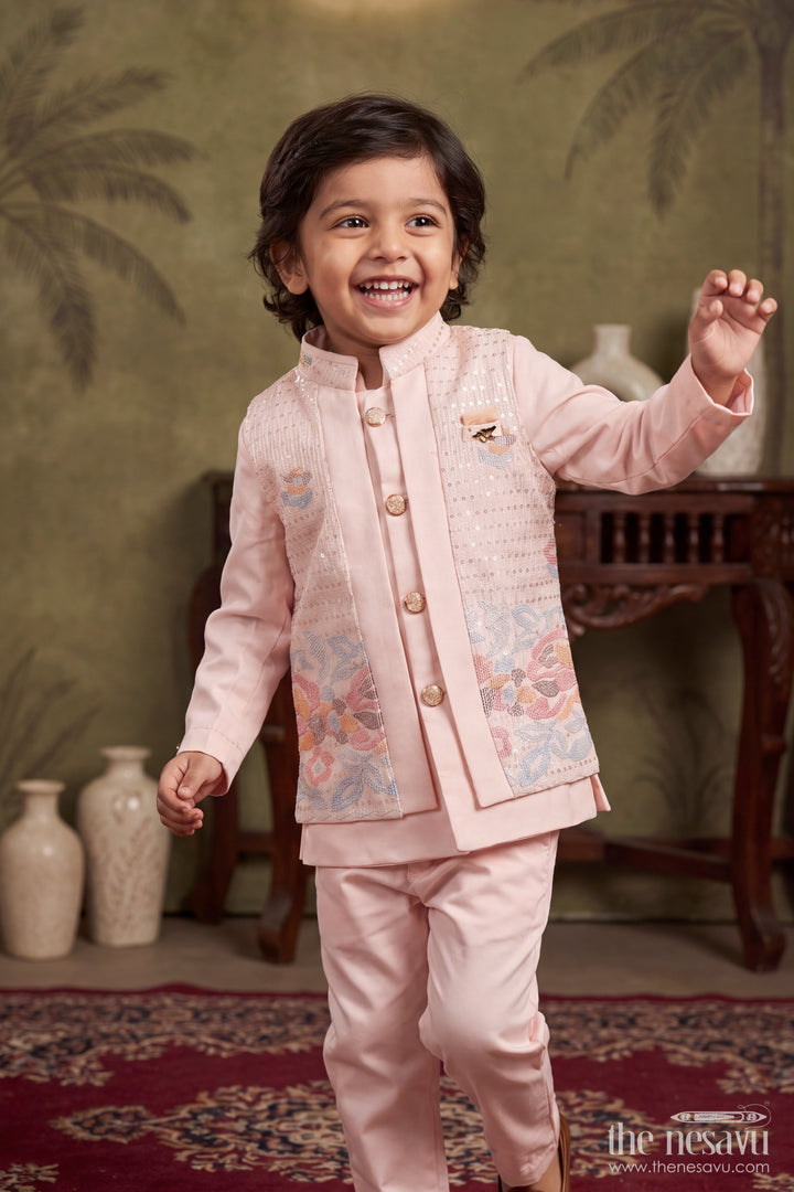 Boys Sherwani Set with Pink Floral Detailing for Celebrations