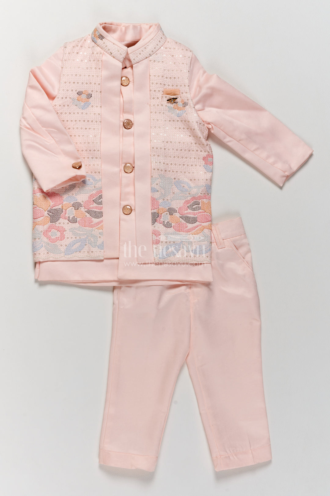 Boys Sherwani Set with Pink Floral Detailing for Celebrations