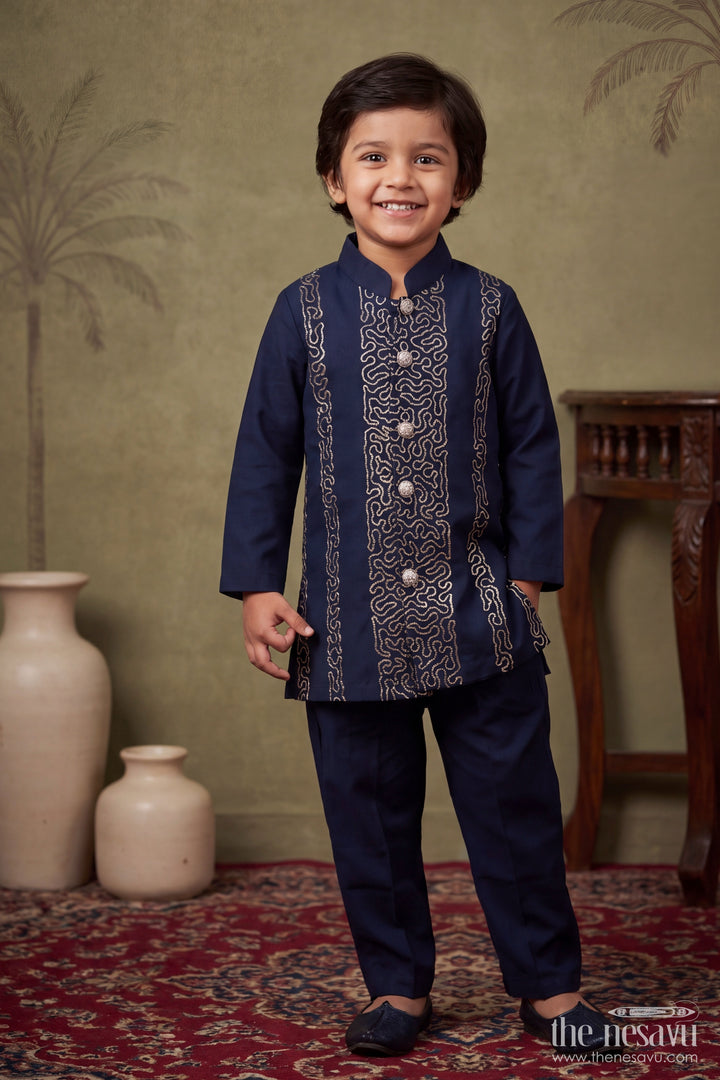Boys Silk Kurta Set with Sequin Accents in Blue for Special Occasions