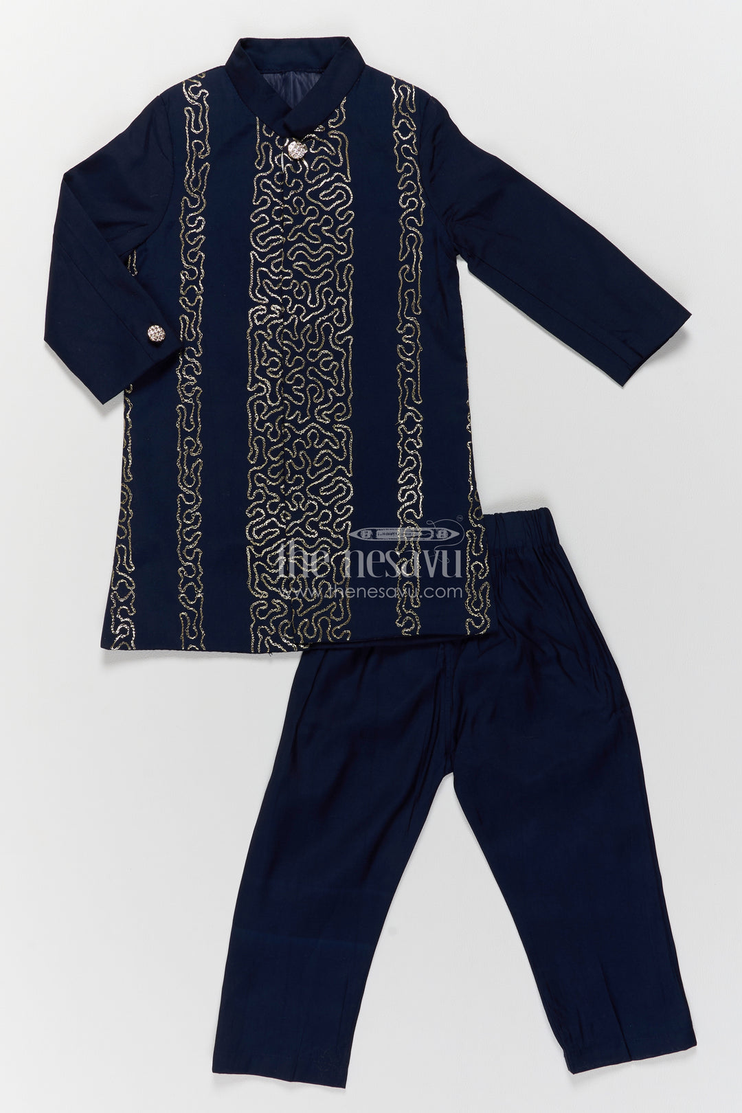 Boys Silk Kurta Set with Sequin Accents in Blue for Special Occasions