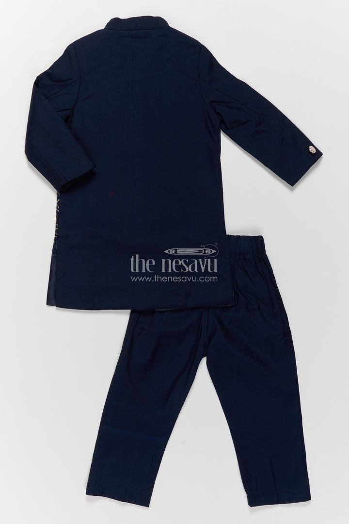 Boys Silk Kurta Set with Sequin Accents in Blue for Special Occasions