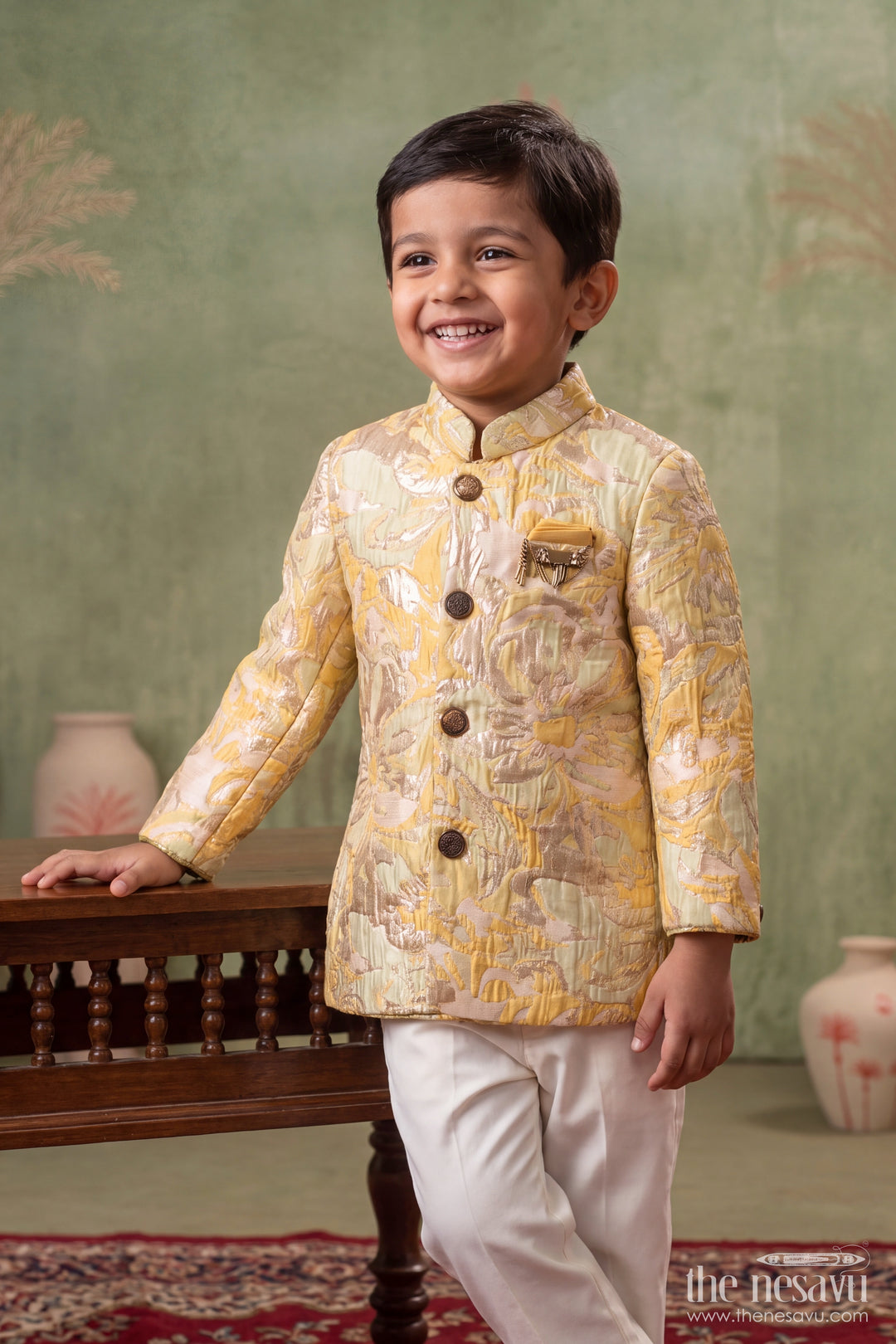 Kids Sherwani with Pant for Kids with Floral Detailing in Yellow