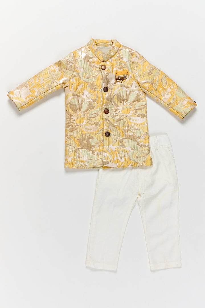 Kids Sherwani with Pant for Kids with Floral Detailing in Yellow