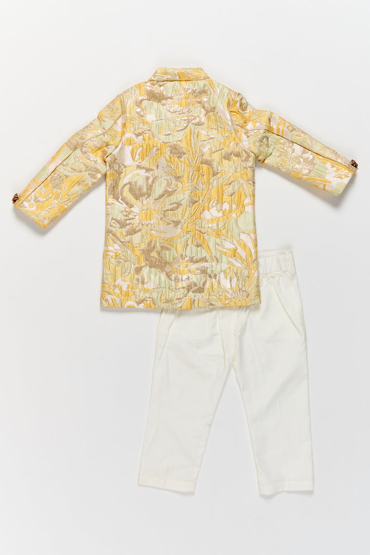 Kids Sherwani with Pant for Kids with Floral Detailing in Yellow