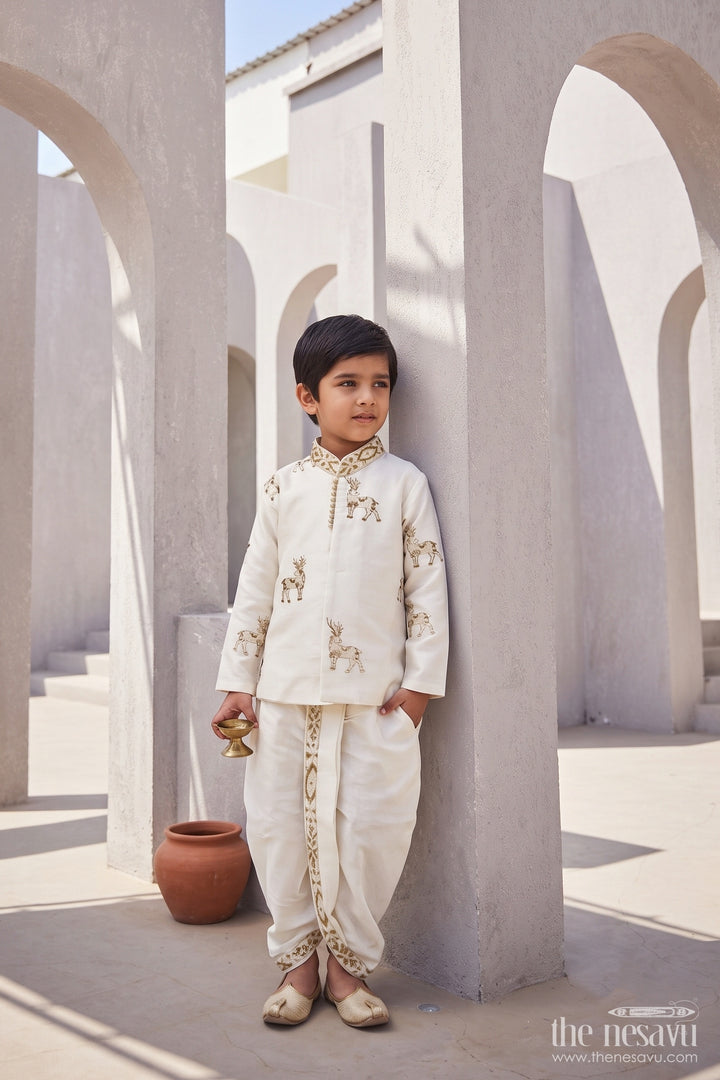 Kids Ready Made Dhoti Set with Embroidery in Half White