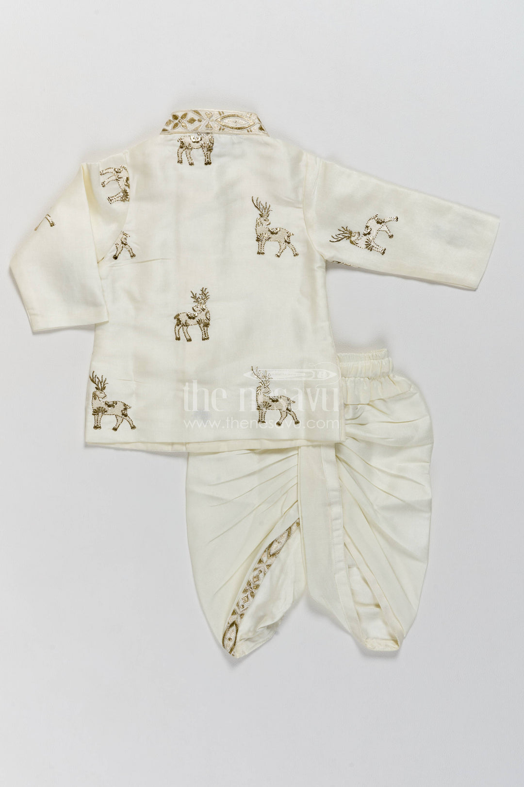 Kids Ready Made Dhoti Set with Embroidery in Half White