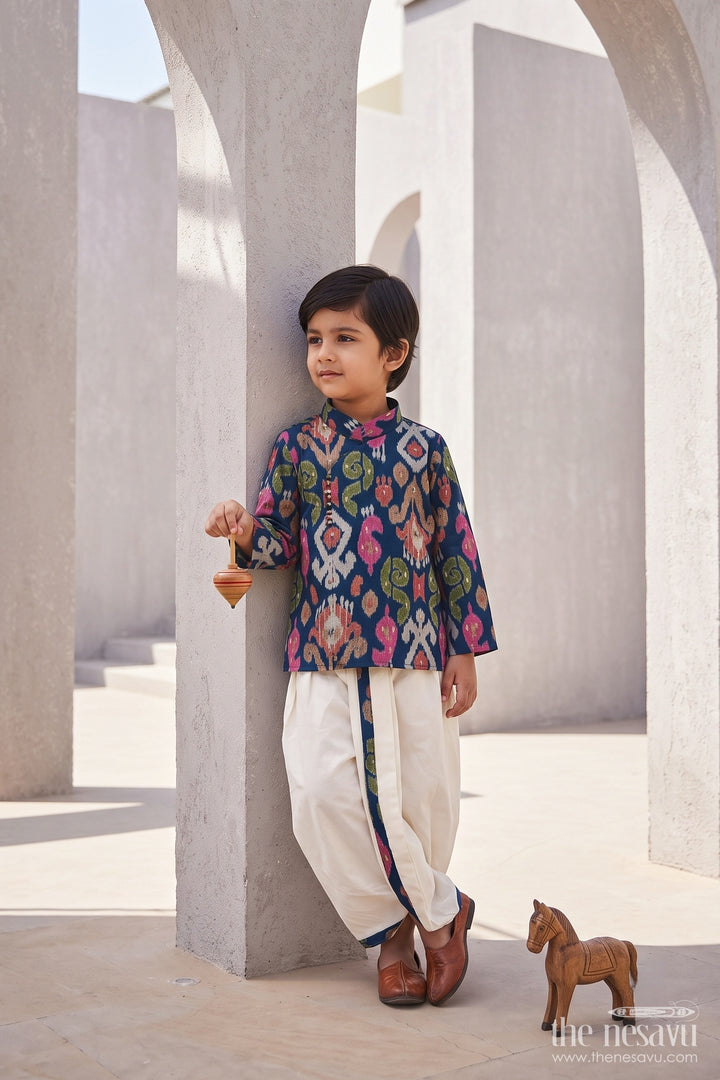 Boys Dhoti Kurta Set for Kids with Digital Print in Blue