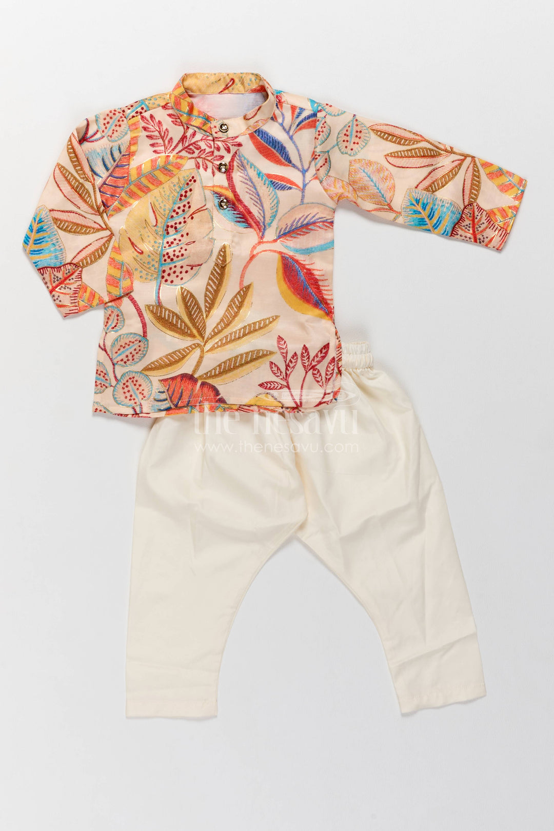 Boys Kurta Pajama Set with Cream Digital Print for Celebrations