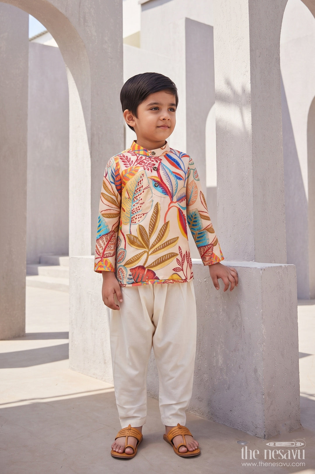Boys Kurta Pajama Set with Cream Digital Print for Celebrations