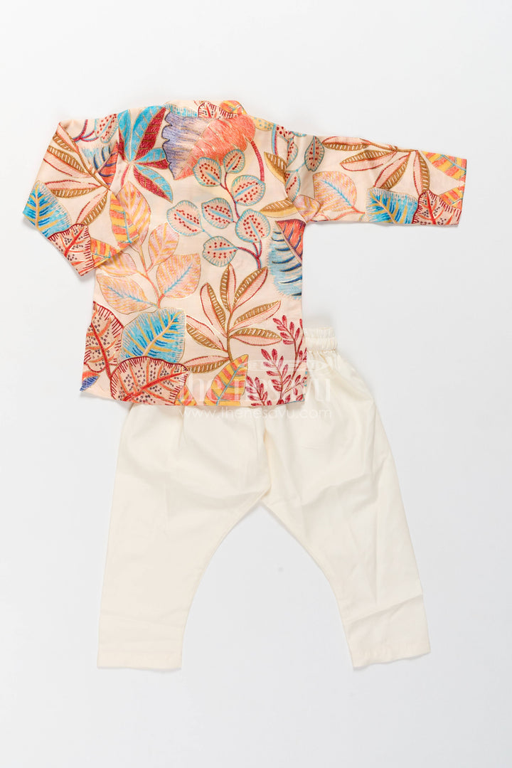Boys Kurta Pajama Set with Cream Digital Print for Celebrations