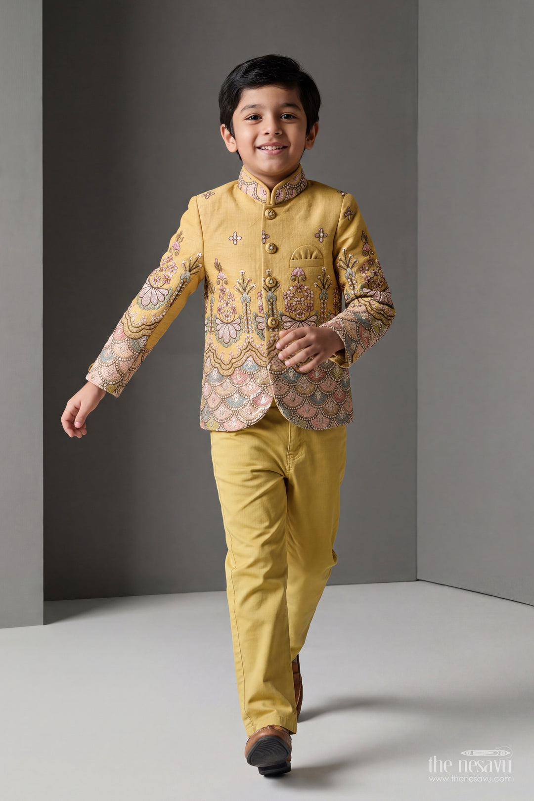 Boys Sherwani Set in Green with Thread Embroidery