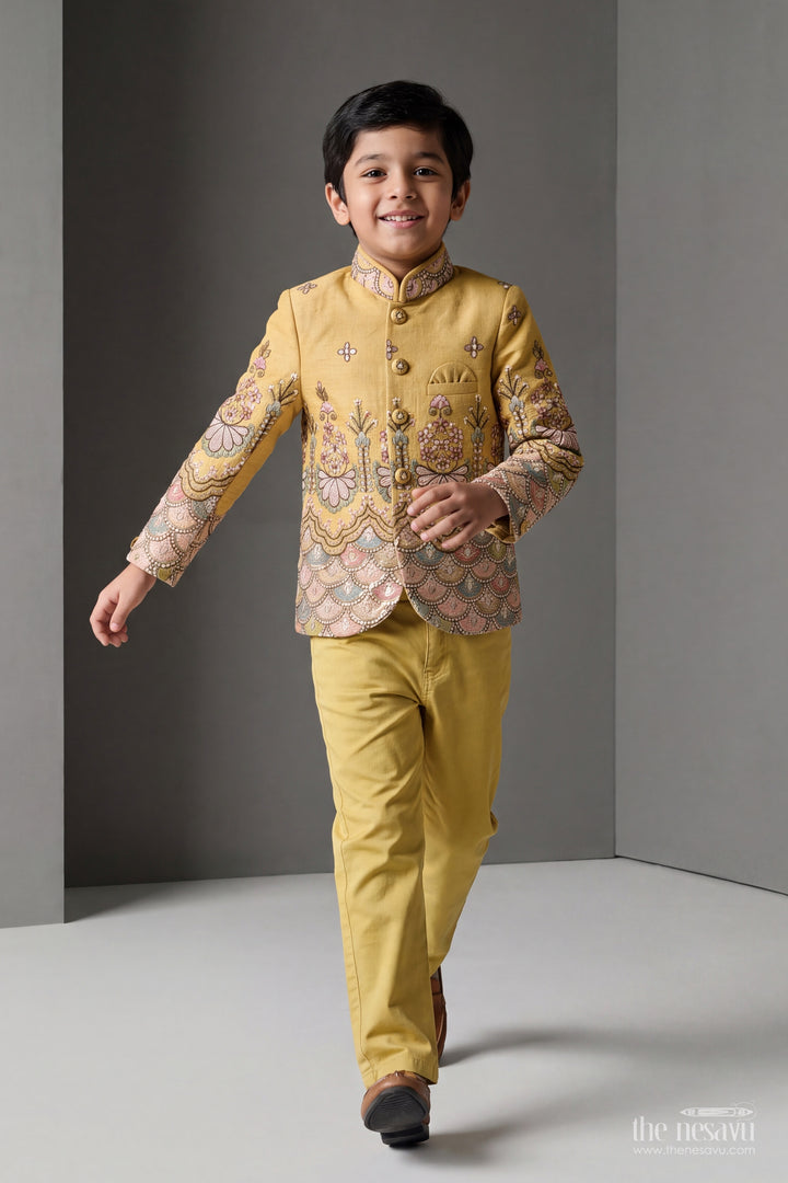 Boys Sherwani Set in Green with Thread Embroidery