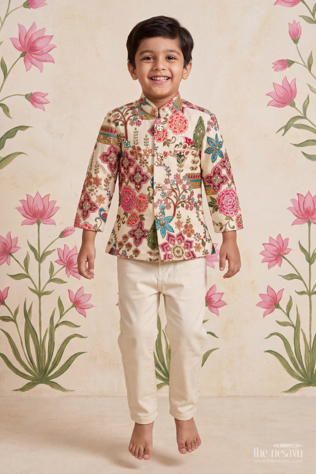 Sherwani for Kids in Cream with an Occasion Ready Finish
