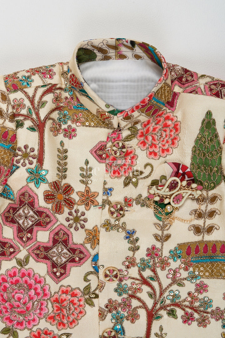 Sherwani for Kids in Cream with an Occasion Ready Finish