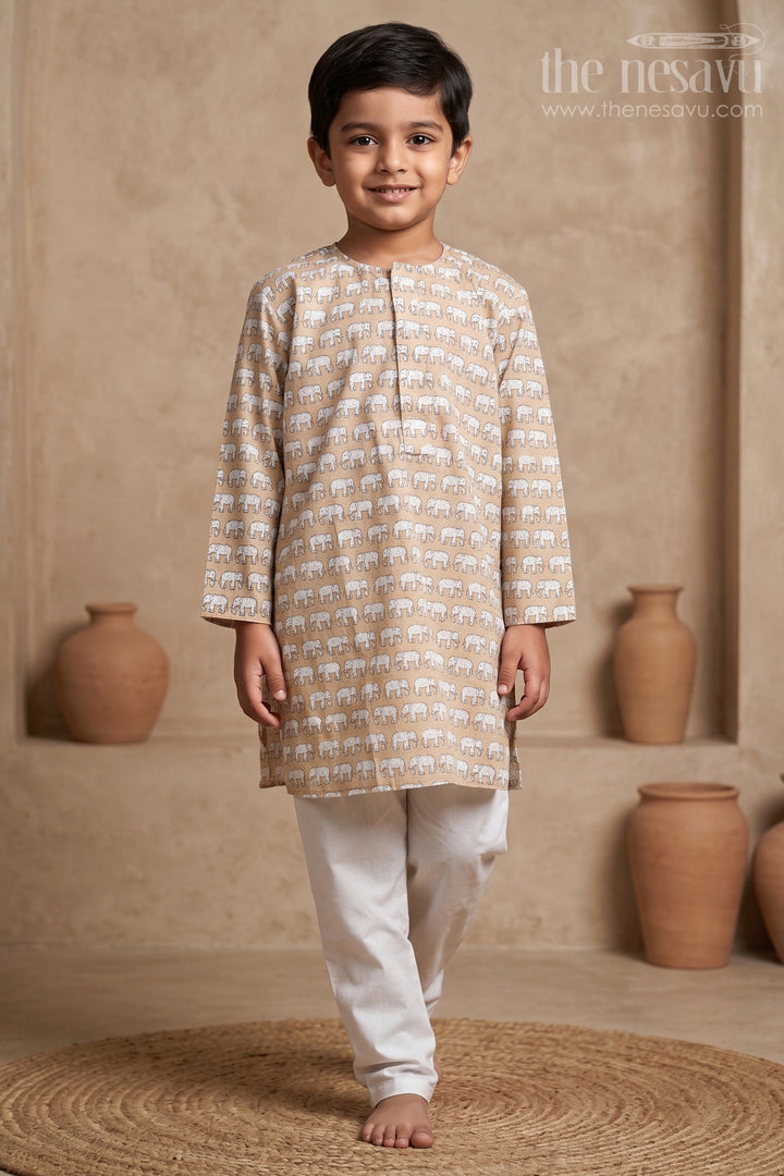 Light Brown Animal Printed Cotton Kurta and Pure White Pyjama for Boys