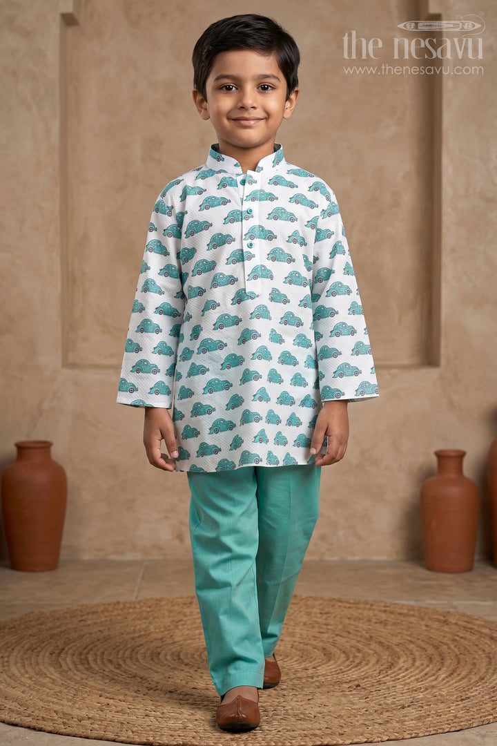 Aqua Blue Cotton Car Printed Play Wear Party Wear for Boys