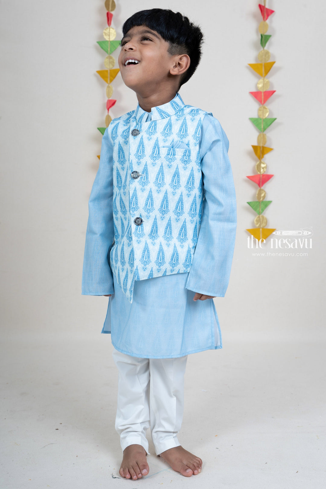 Light Blue Designer Overcoat Kurta Dresses For Baby Boys