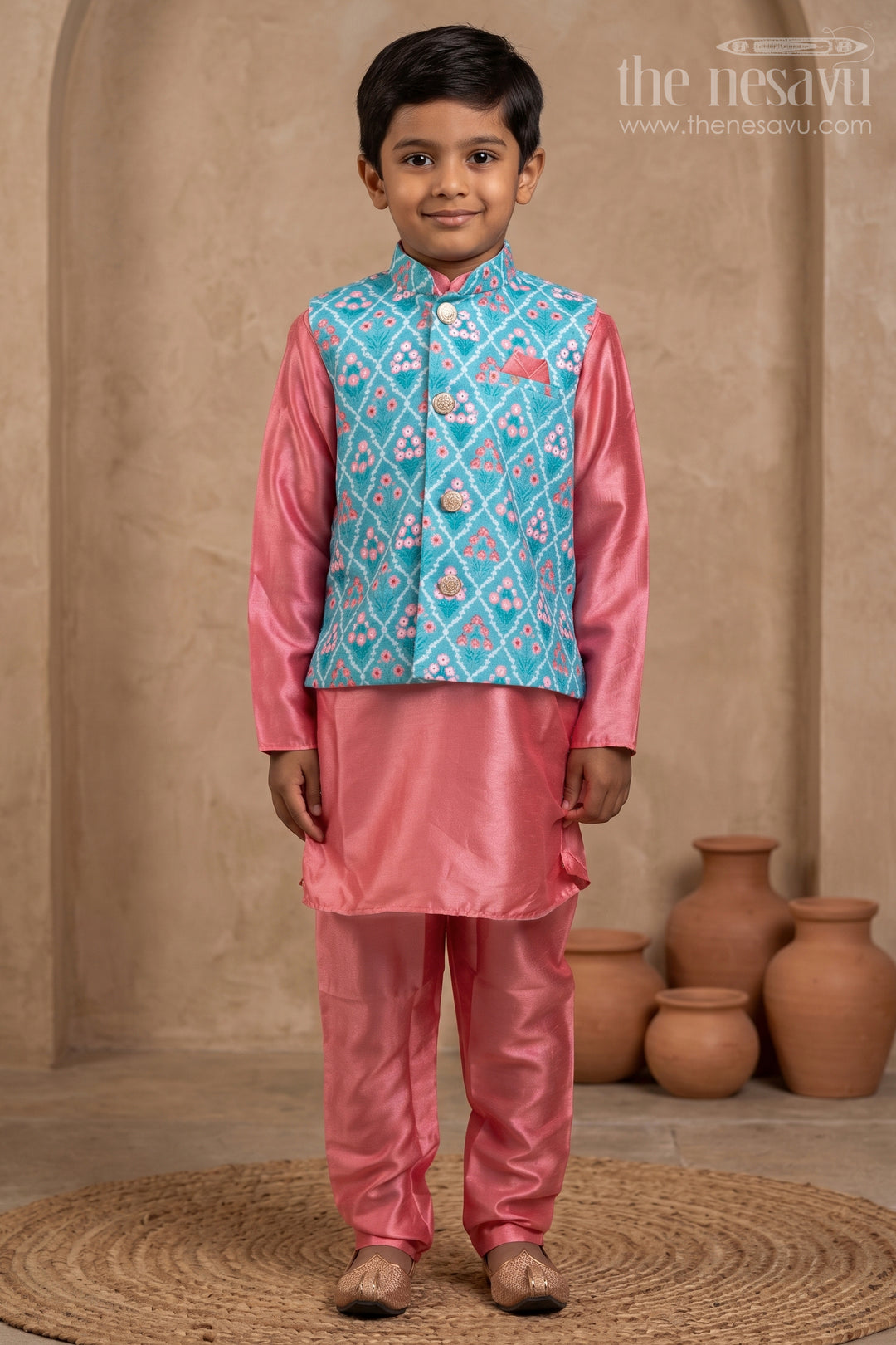 Adorable Orange Boys Kurta Set with Blue Floral Printed Overcoat