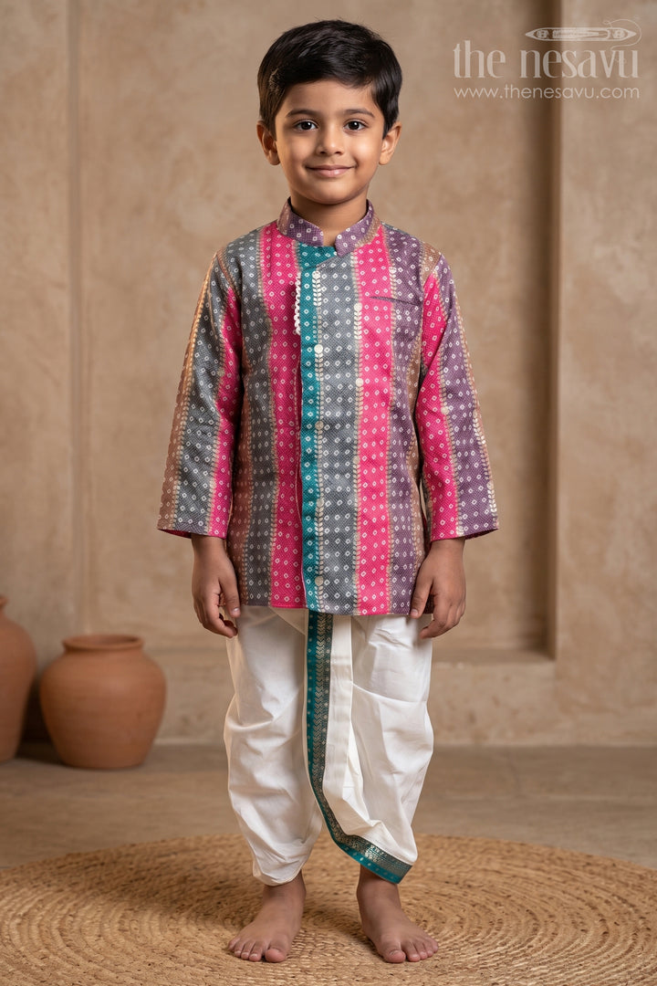 Stylish Multi-Colored Ethnic Kurta with White Dhoti for Little Boys